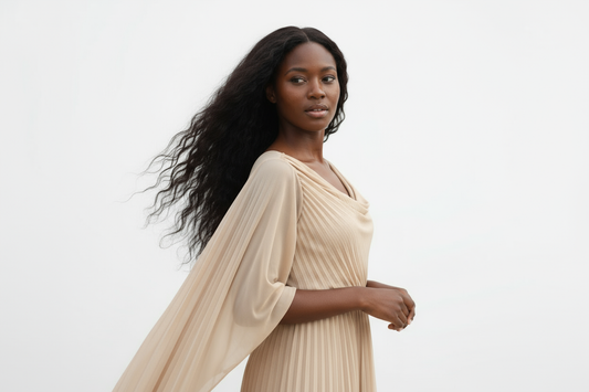 Woman wearing a beige dress with a messy curl Transparent Wig