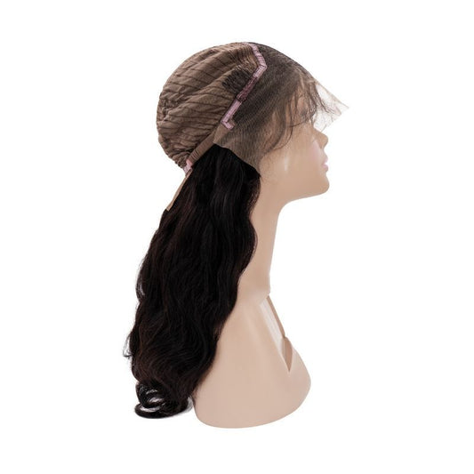 long body wave front lace wig turned inside out showing front lace and comb attachment.