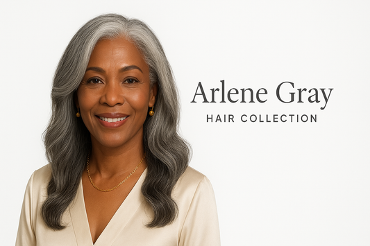 Woman with gray hair wearing a beige top, with 'Arlene Gray Hair Collection' text.