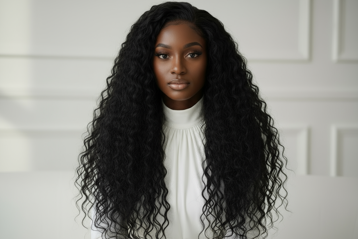 Woman with long, wavy black hair wearing a white top against a neutral background