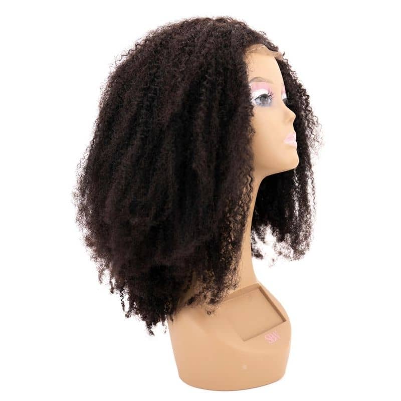 Side view of an Afro Kinky Curly Wig on a mannequin head on display.