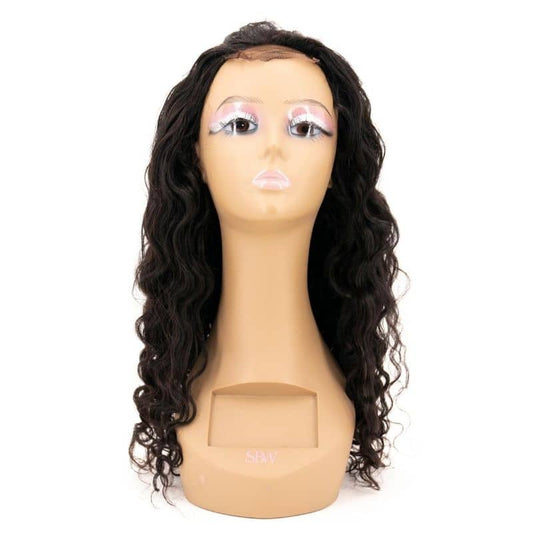 Front view of beach wave transparent closure wig on a mannequin with big eyes