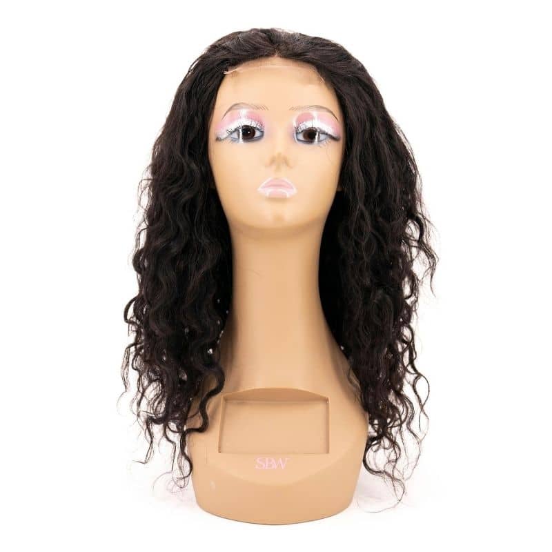 A front view of a messy Curl Transparent Closure wig on a mannequin.