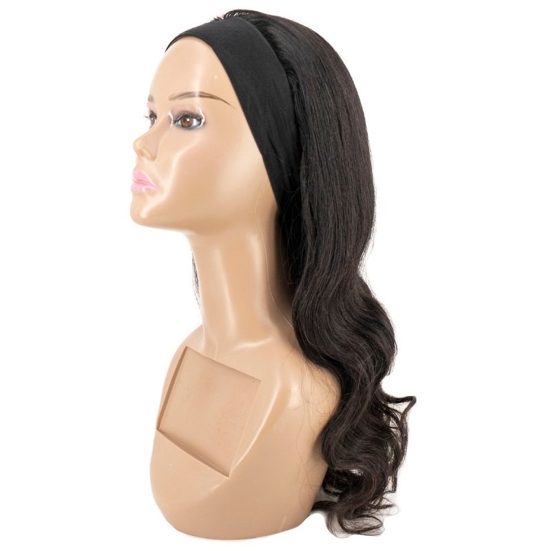 Body Wave Headband Wig on a mannequin head. Great for a casual day out.