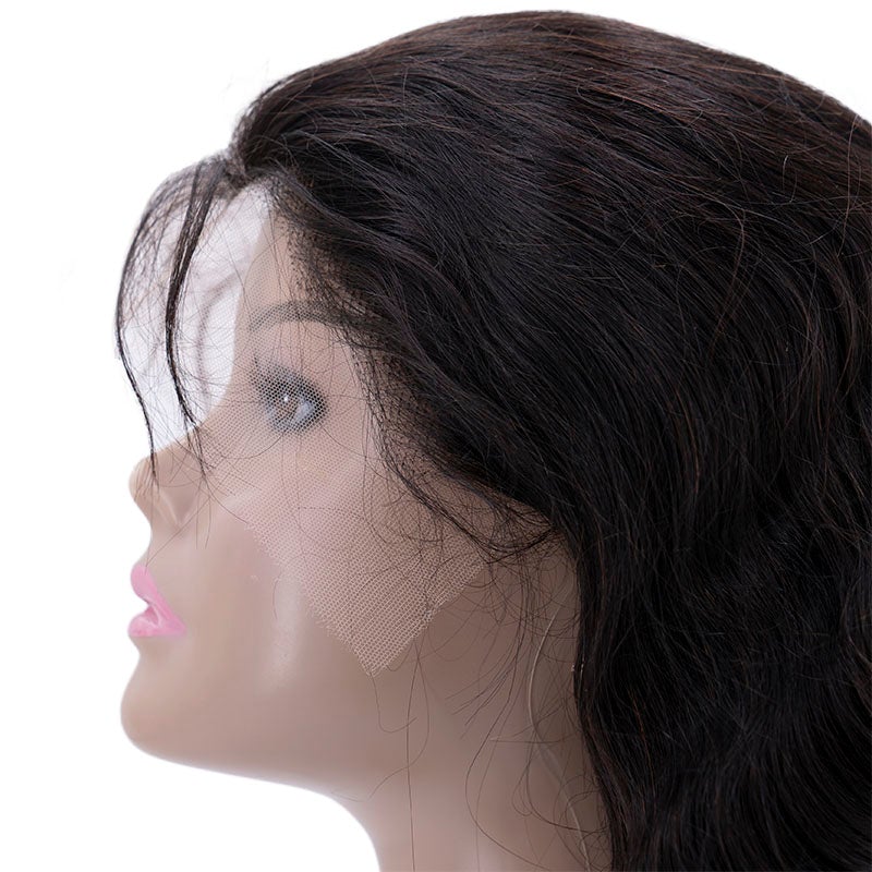 Close up of a HD Body Wave Lace Front wig on a mannequin with pink lips