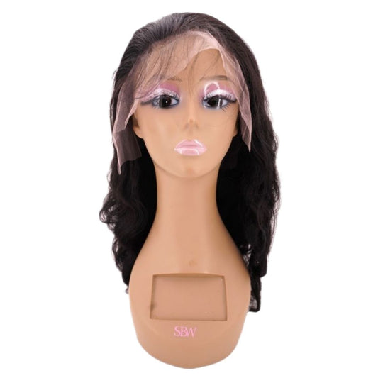 HD Body wave lace front wig on a mannequin with big eyes