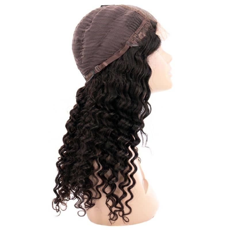 Side view of a mannequin with a deep wave transparent closure wig on it.