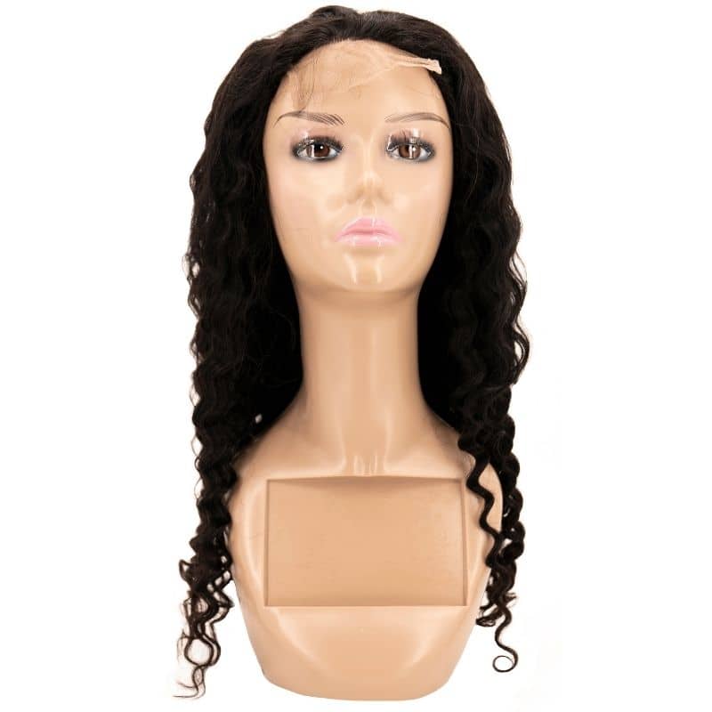Front view of a mannequin head with a deep wave transparent closure wig on it.