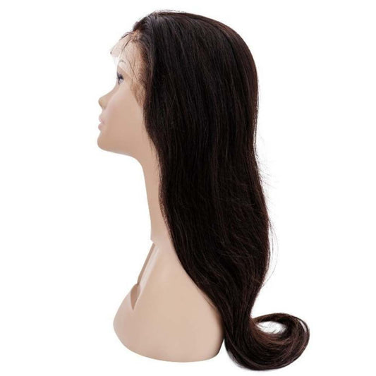 side view of a long straight front lace wig on a mannequin