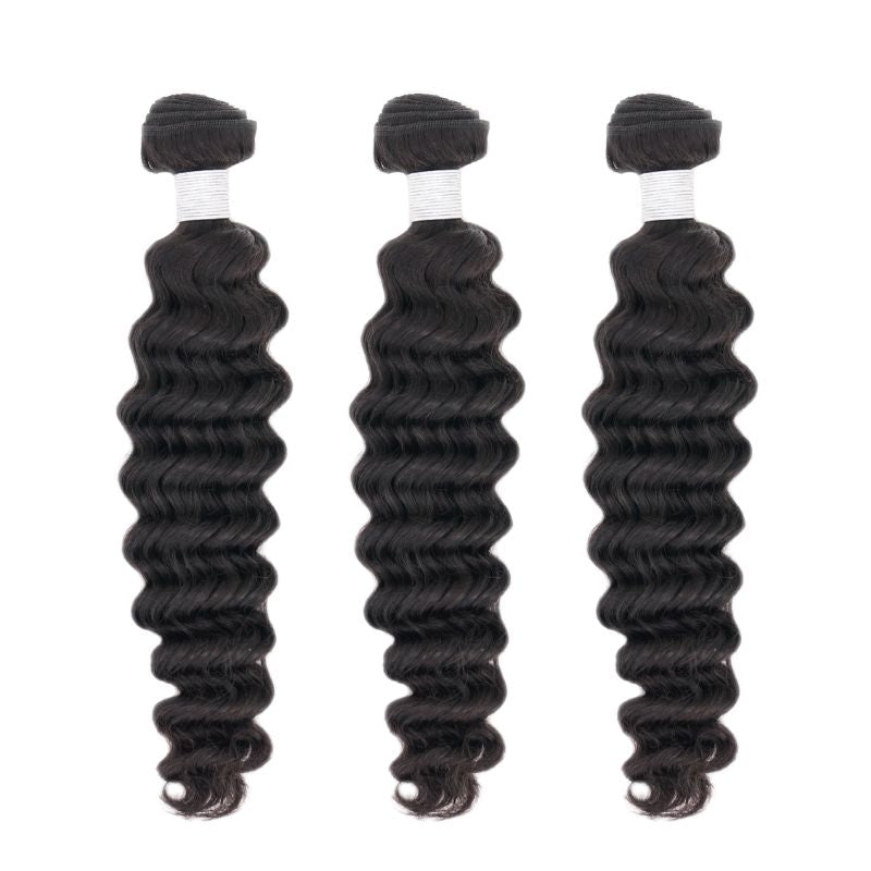 3 bundles of Brazilian Deep Wave Bundles used for wig making and adding length to the hair.