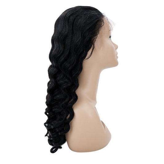 Side view of a Brazilian loose wave front lace wig on a mannequin