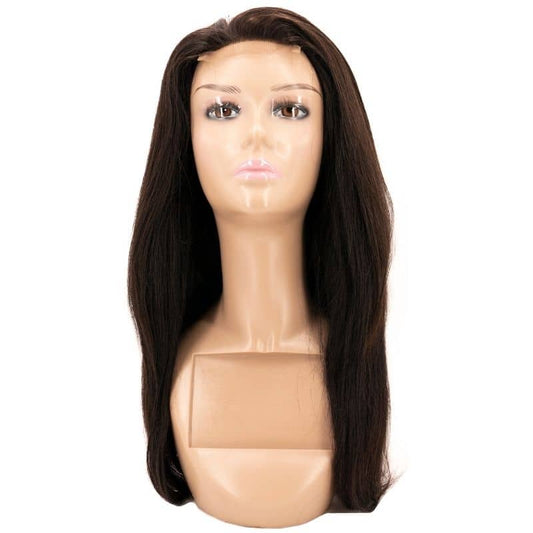 Front view of a straight transparent closure wig on a mannequin head