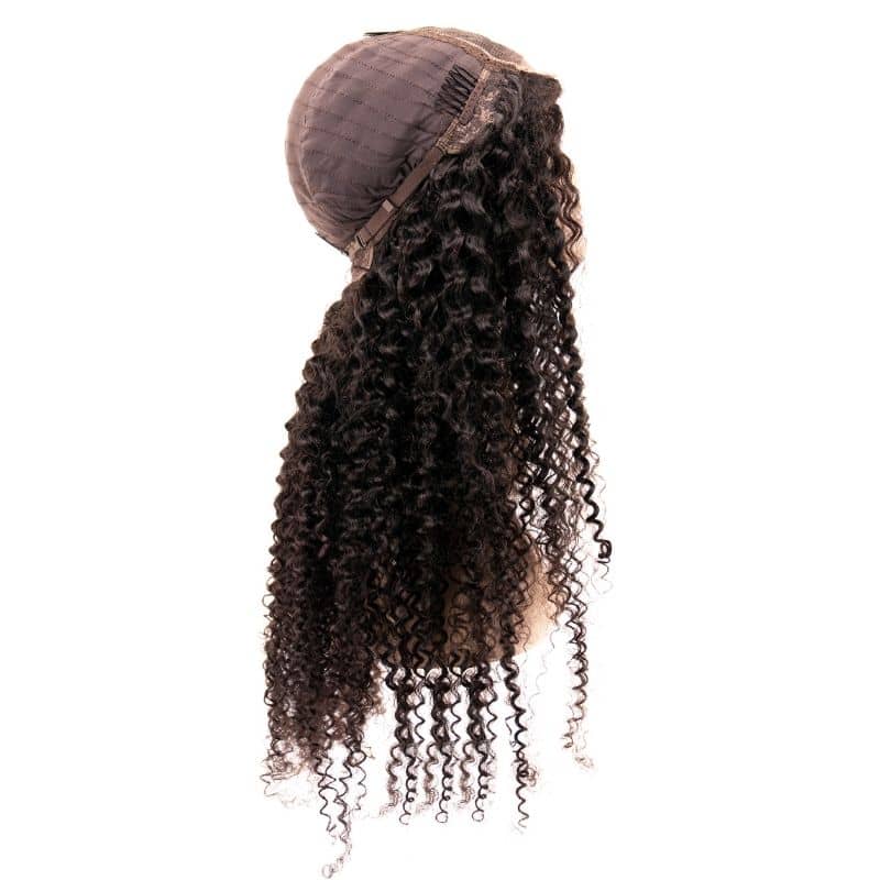 Side view of a full cap of water wave transparent closure wig on a mannequins head.